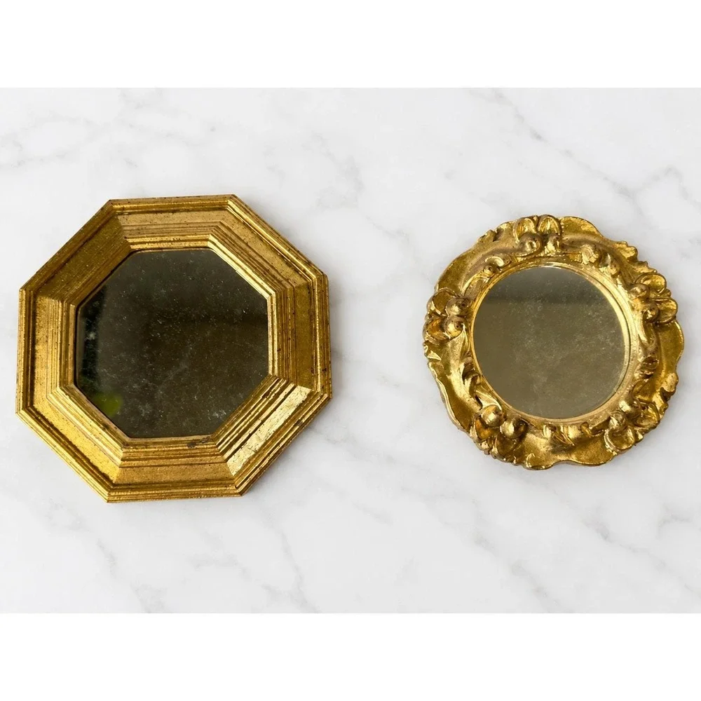 Vintage Italian Florentine Gold Gilt Wall Mirrors 2PC Set Octagon Baroque 7